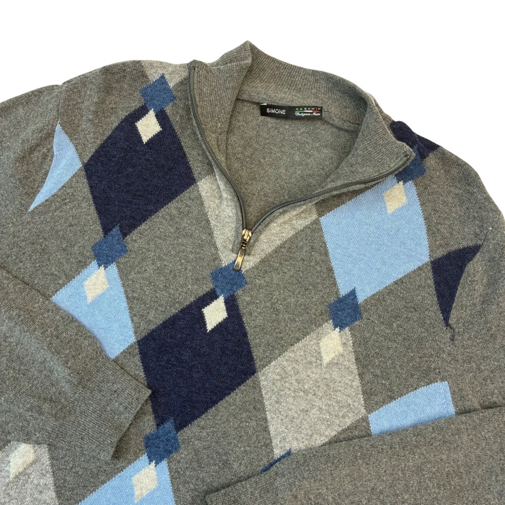 Simone Quarter Zip Sweater Mens L Grey Argyle Merino Cashmere Made in Italy - Picture 1 of 9